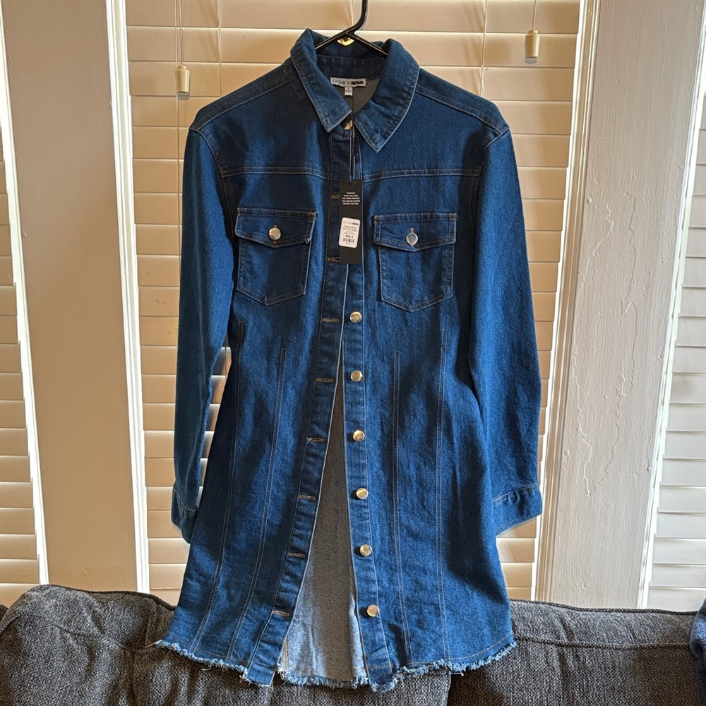 Fashion Nova Blue Denim Button-Up Jacket Dress